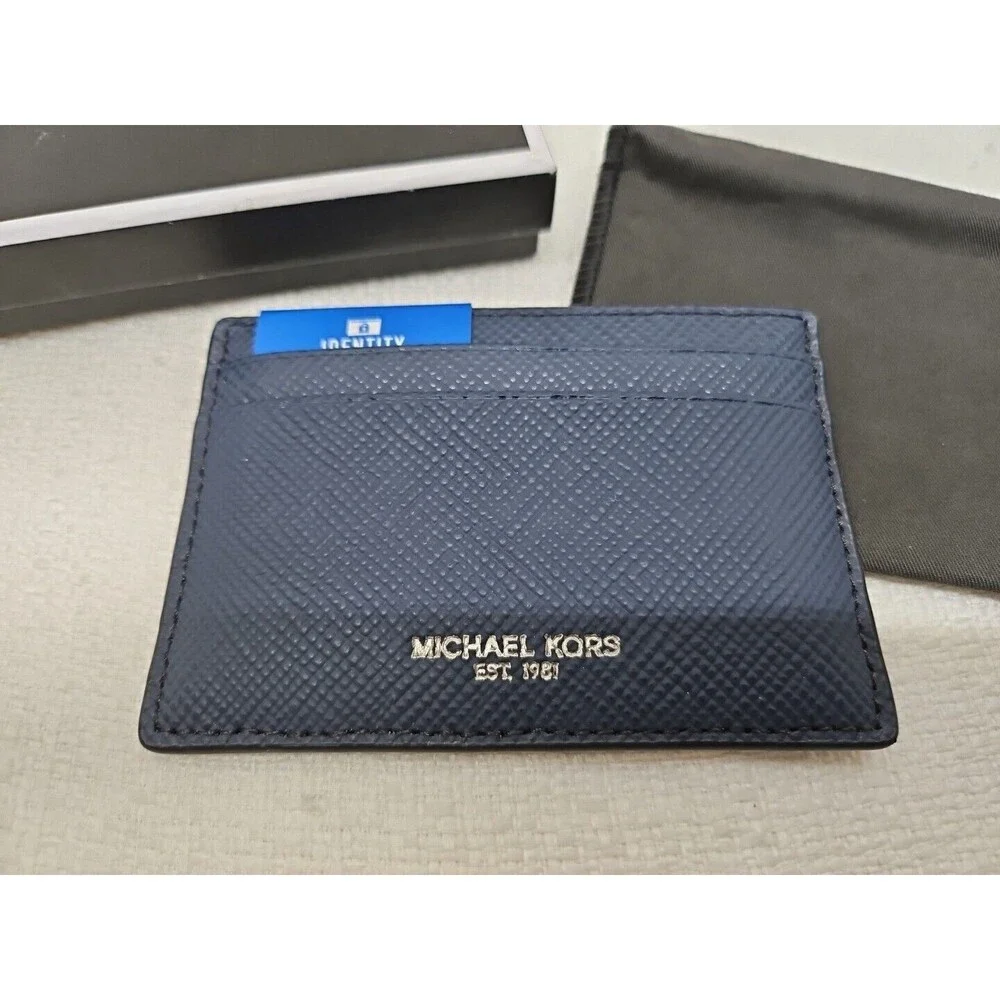 MK MICHAEL KORS Men's Jet Set Signature Navy Blue RFID Blocking Card Wallet New